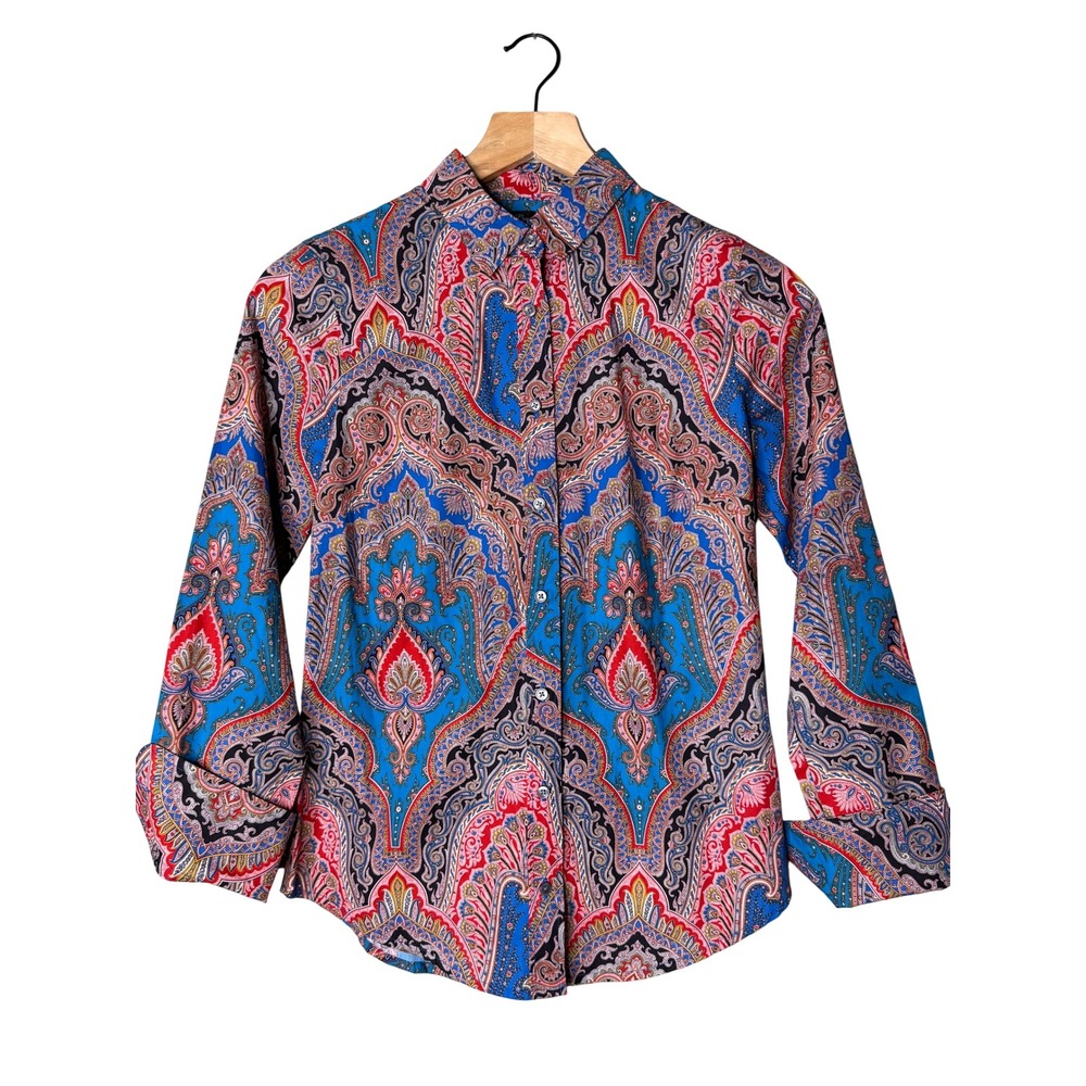 J.Crew Slim Paisley Button Up Shirt Womens 00 Blue Red Long Sleeve Cotton